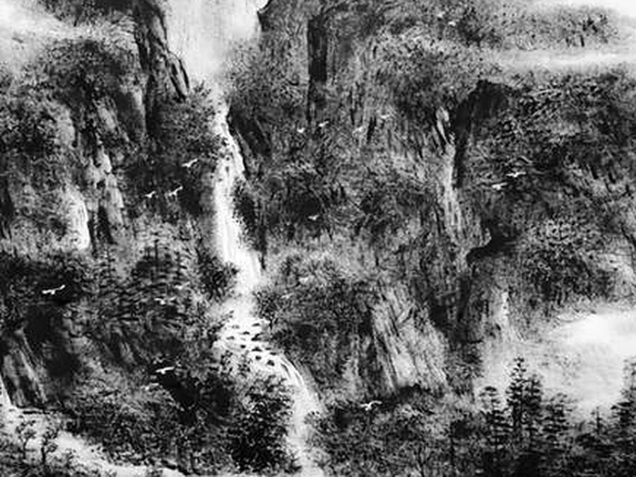 Detail of Cascades, a finger burnt-ink landscape by He Zhenquan